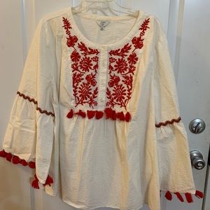 White top with red accents and bell sleeves.  3X.